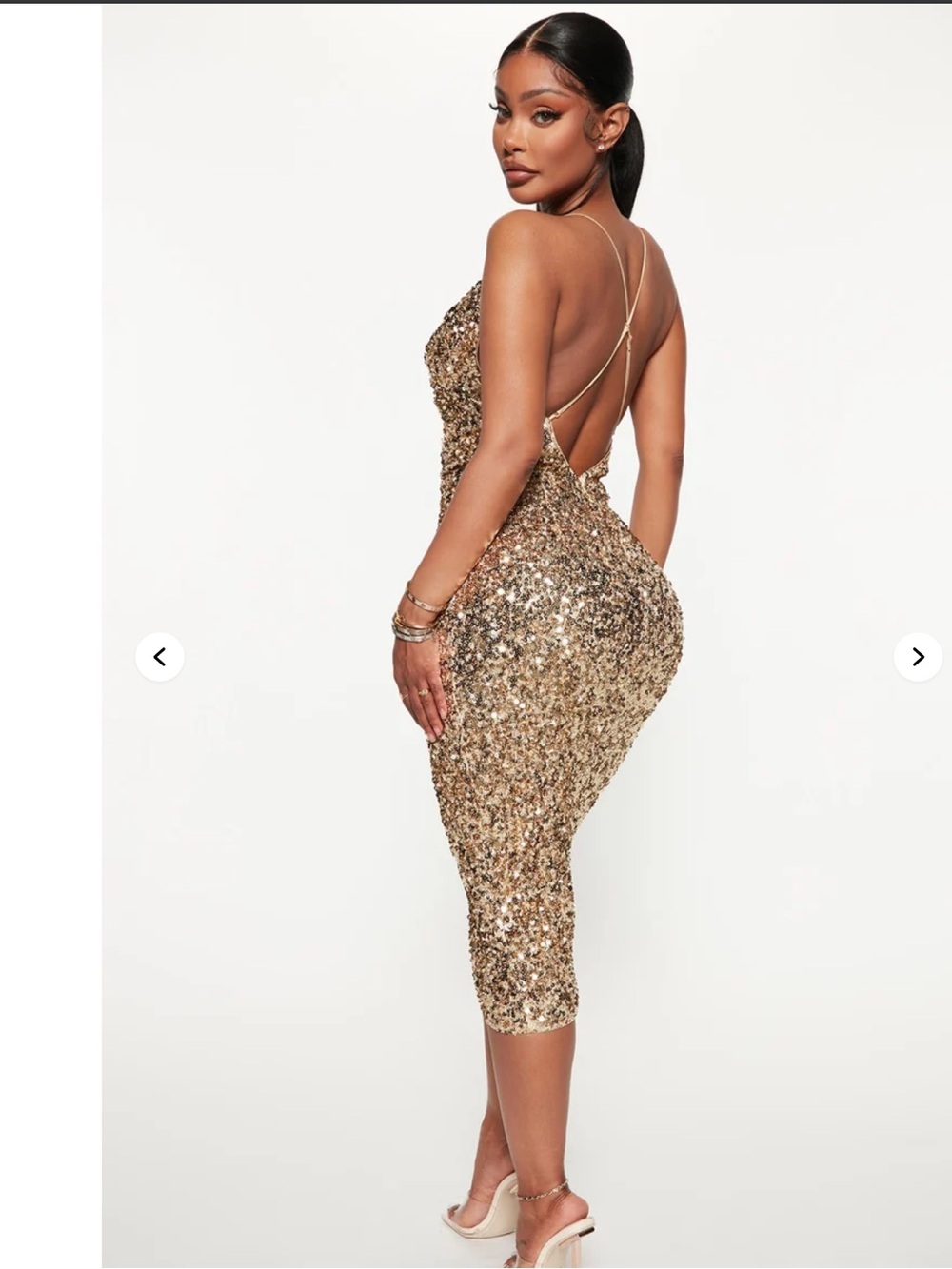 Fashion Nova Gold Sequin Backless Midi Dress